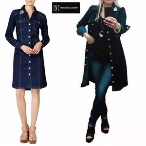 NWT INC Blue Denim Shirt Dress Stretch Long Jacket